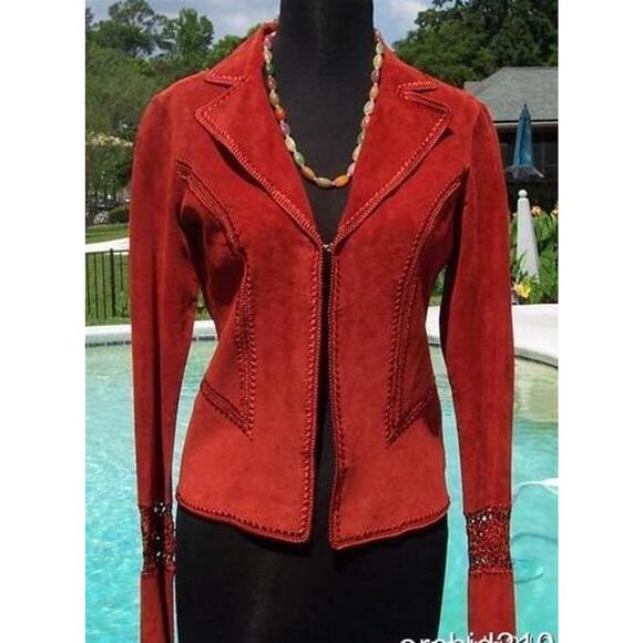 Cache Rust Suede Leather Peek-A-Boo Crochet Insert Jacket Top New $248 NWT - Picture 5 of 9